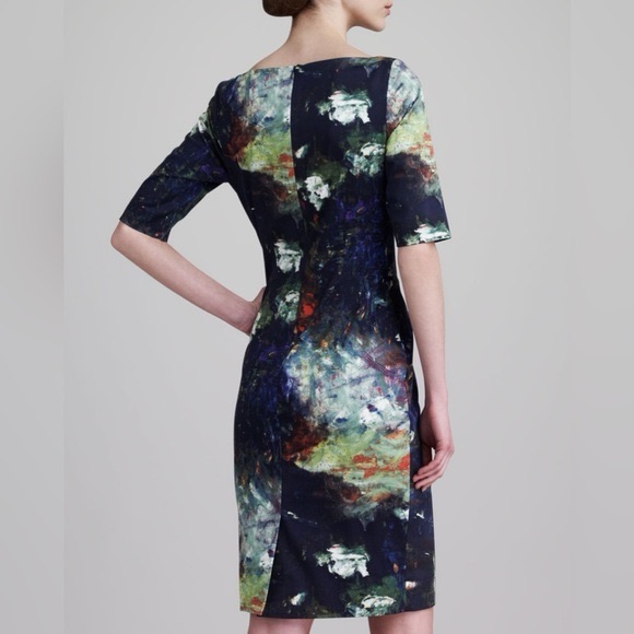 Lela Rose Claire Impressionist Abstract Brushstroke Print Boatneck Sheath Dress - Picture 2 of 8